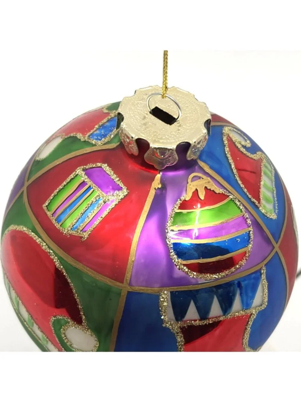 Vtg Komozja Joy to the World Glitterazzi Hand Painted Polish Glass Ball Ornament